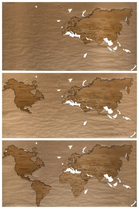 DREWNIANA MAPA ŚWIATA NA ŚCIANĘ Z NAZWAMI PAŃSTW I GRANICAMI, 120X60, 4 KOLORY